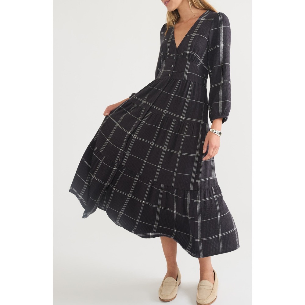 Marine Layer Maeve Windowpane Plaid Maxi Dress Large Cottagecore Boho Gray White